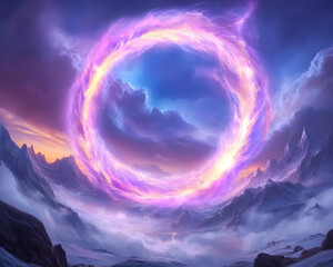Celestial ring above snowy mountains, fantasy landscape, mystical portal, artwork