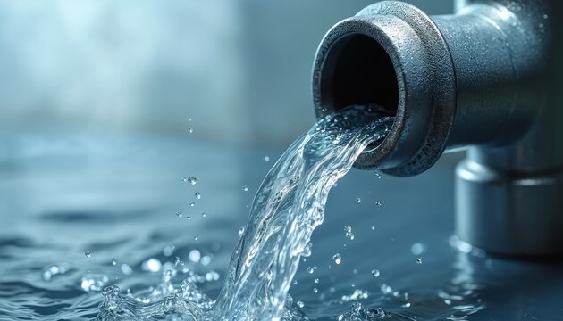 Water flows through silver metal pipe. Clean potable aqua stream. Industrial engineering construction, sanitation pipeline network. Delivery supply distribution transportation fluid system, pressure