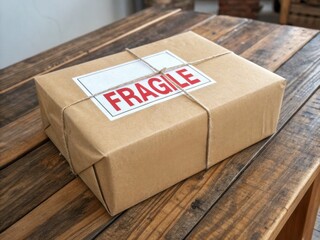 A brown package with a "FRAGILE" label is placed on a wooden table, emphasizing careful handling.