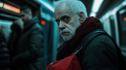 Obraz premium A pensive man with white hair and a beard peers over his shoulder in a dimly lit subway, embodying thoughtfulness and a hint of urgency amidst an urban journey.
