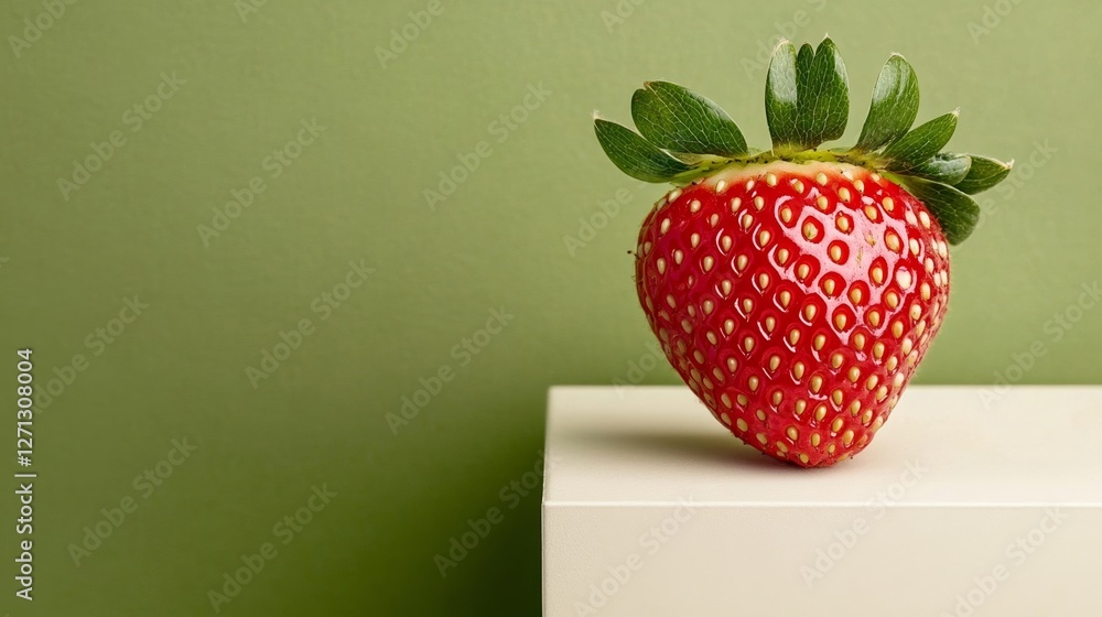 Poster elegant macro shot of a single strawberry showing its glossy red surface delicate seeds and the gree