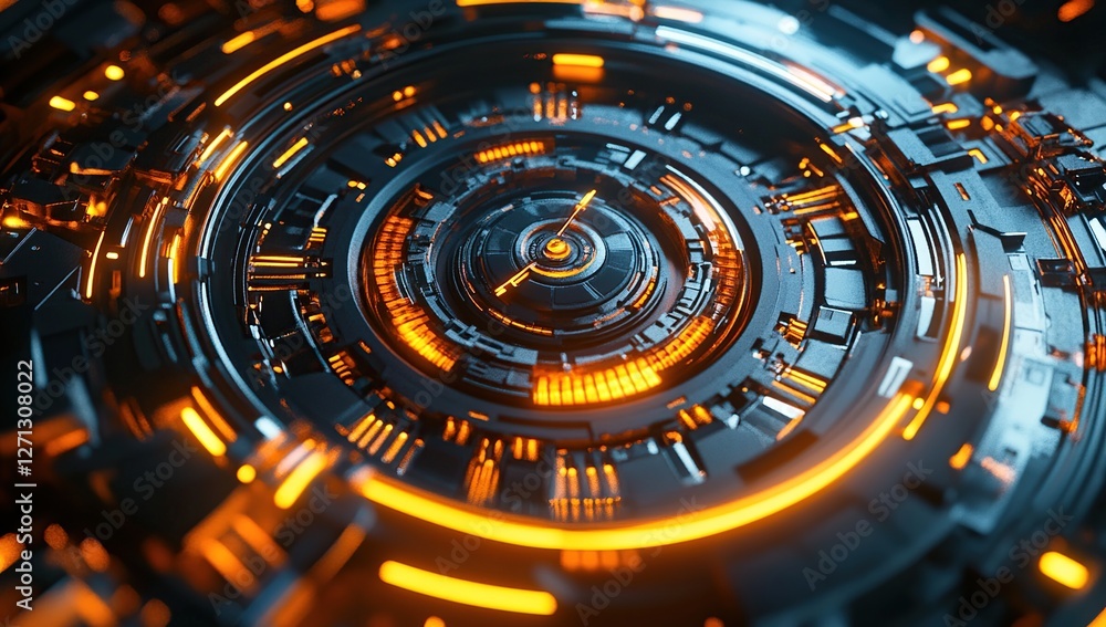 Poster futuristic circular mechanism: glowing orange circuits and rotating gears, seamless technology abstr