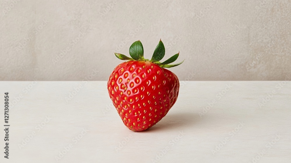 Poster elegant macro shot of a single strawberry showing its glossy red surface delicate seeds and the gree