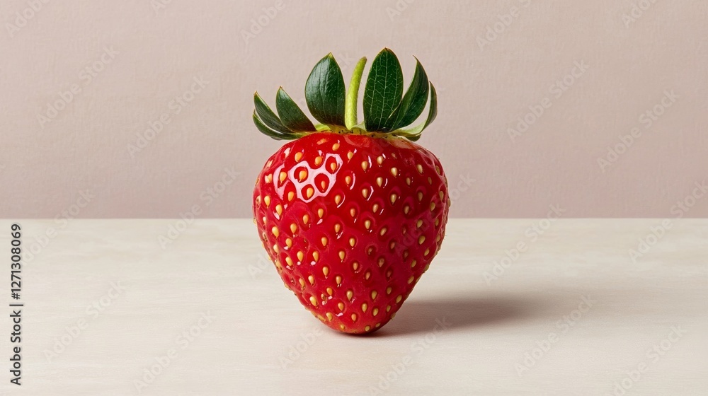 Poster elegant macro shot of a single strawberry showing its glossy red surface delicate seeds and the gree