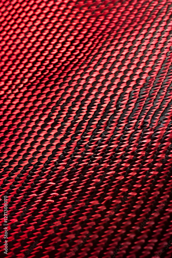 Poster close-up view of a textured red and black fabric showcasing intricate patterns and depth