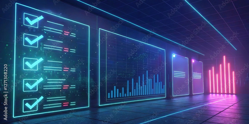 Poster a futuristic room with glowing walls displays checklists and data graphs, showcasing technology and 