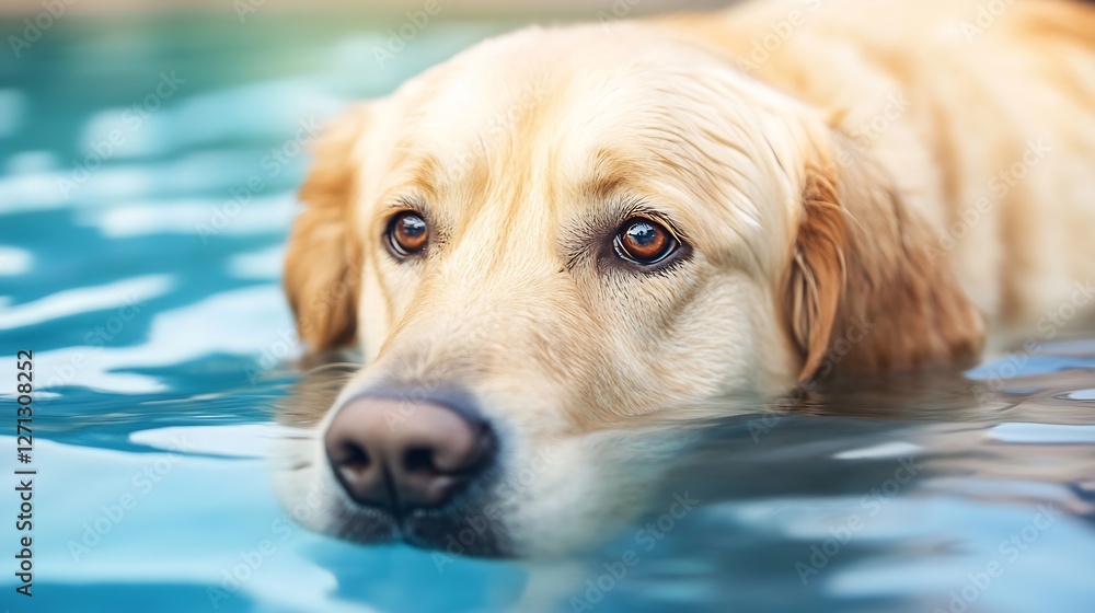 Poster golden retriever dog relaxing in calm pool water under bright sunlight : generative ai