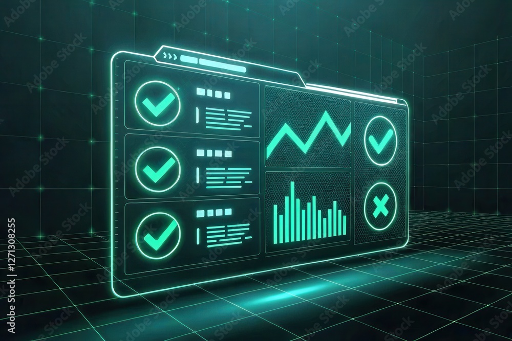 Poster a glowing digital dashboard displaying data metrics, graphs, and analysis indicators, set against a 