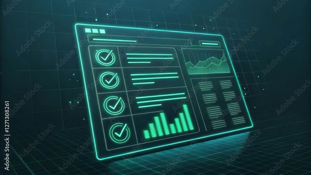 Poster a futuristic dashboard displays data analytics and performance metrics with green highlights, showca