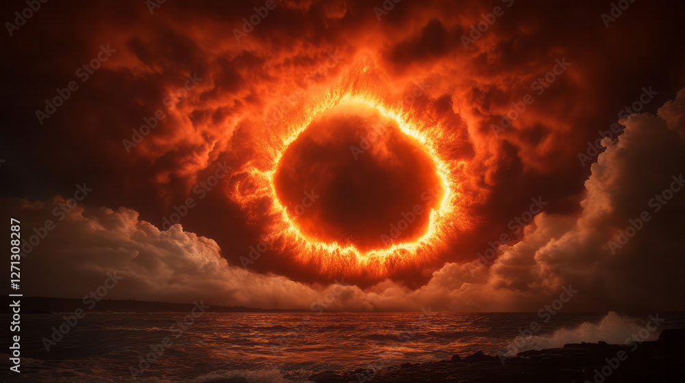 Poster a partially silhouetted foreground emphasizing the towering smoke cloud, with lava arcs creating a