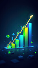 Financial Growth Illustration with Colorful Bubbles and Metric Chart on Dark Blue Background.