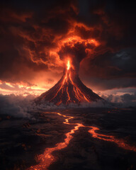 A cinematic perspective with molten lava fountaining skyward, the scorching heat reflected on
