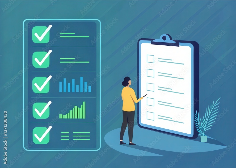 Poster a person checks off items on a clipboard, with graphics representing data analysis and progress trac