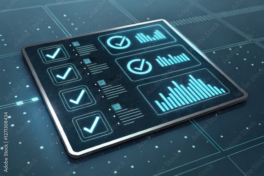Poster a digital dashboard displays data analytics with checkmarks, graphs, and charts on a sleek tablet in