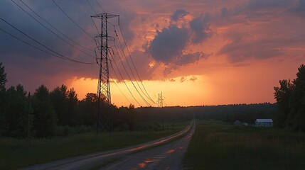 A high-voltage transmission tower carrying electricity across the countryside
