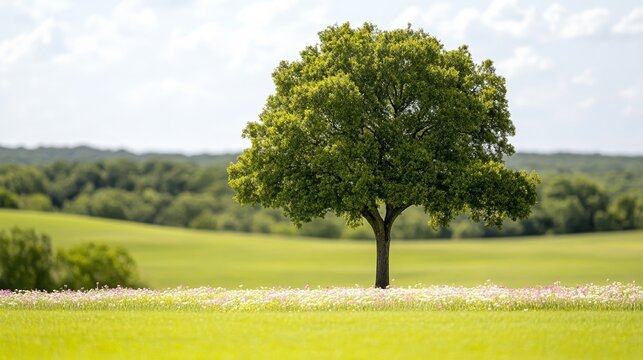 Elegant Oak tree standing in an open meadow surrounded by wildflowers in full bloom under a bright blue sky celebrating Arbor Day serenity