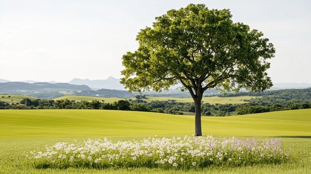 Elegant Oak tree standing in an open meadow surrounded by wildflowers in full bloom under a bright blue sky celebrating Arbor Day serenity