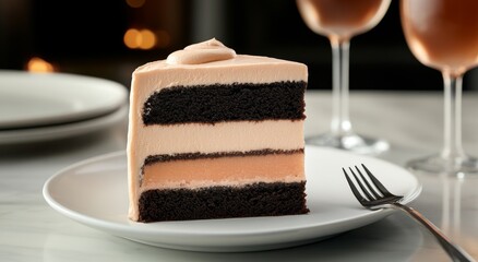 Elegant Chocolate and Apricot Layered Cake on Ornate White Plate with Gold Trim