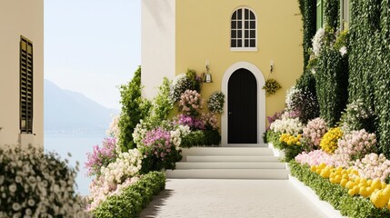 Elegant Panoramic view of a small Italian village celebrating Easter with church bells ringing and colorful decorations lining the streets 