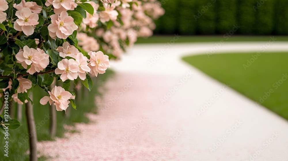 Aufkleber elegant pathway winding through a spring apple orchard trees in full bloom on both sides with fallen
