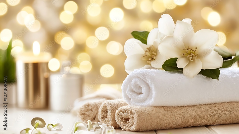 Fototapete soft fluffy towels arranged with fragrant flowers and candles creating a relaxing spa ambiance : gen