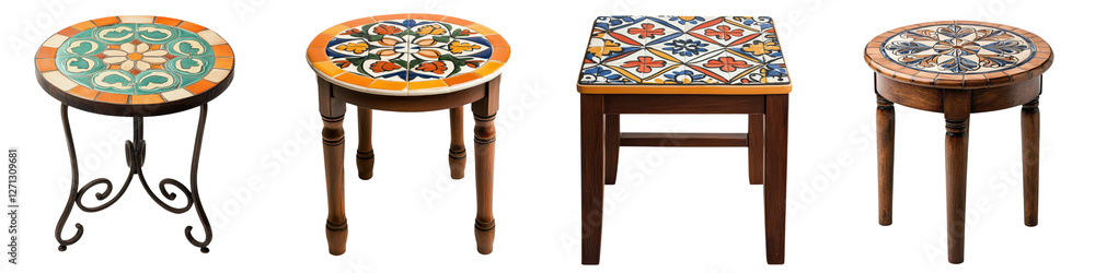 Poster showcase a collection of vibrant and intricately patterned mosaic tables in a variety of vintage boh