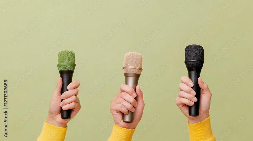 Poster elegant raised hands holding microphones and recorders during a public event with protest signs in t