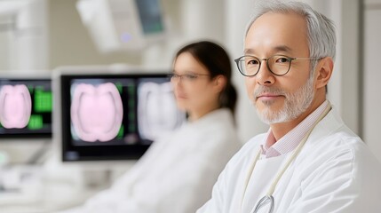 Fototapeta premium Elegant Radiology team in a dimly lit room analyzing detailed scans on high resolution monitors collaborative diagnostic environment 