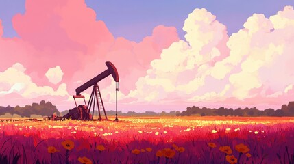 Naklejka premium A mechanical pump extracting crude oil in a vast, open field