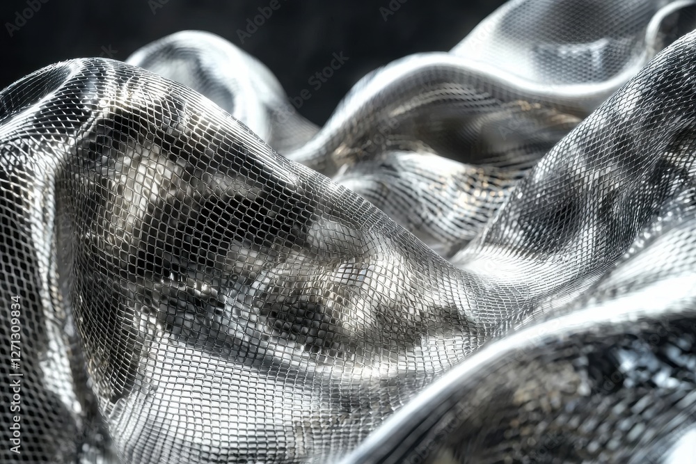 Poster an abstract, shimmering metallic net background with dynamic waves and textures, creating a modern a