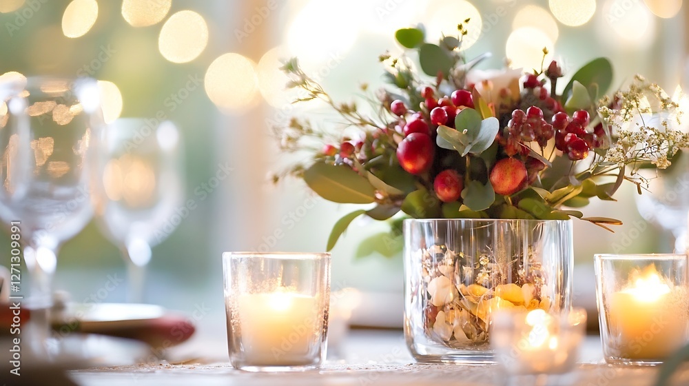 Aufkleber charming table centerpiece featuring fresh flowers and illuminated candles creating a warm atmospher