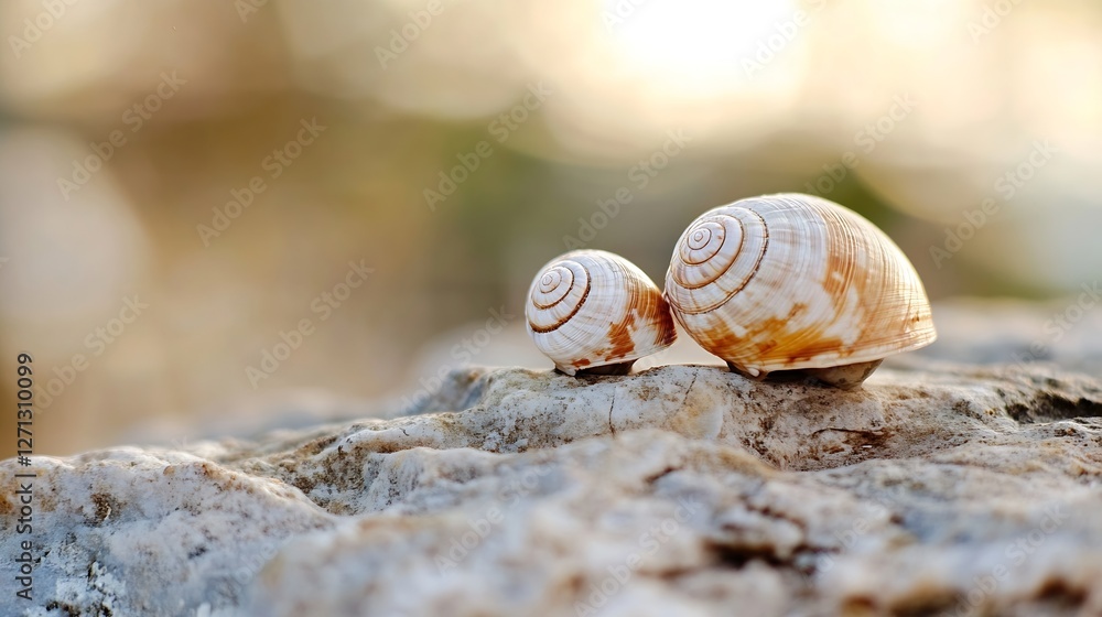 Poster two beautiful spiral seashells resting on rugged stone surface with soft bokeh background blurred : 