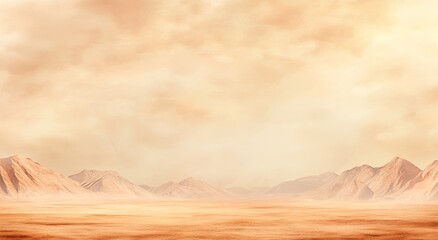 Naklejka premium Painting of Endless Desert with Distant Mountains, Overcast Sky, and Fog in the Foreground