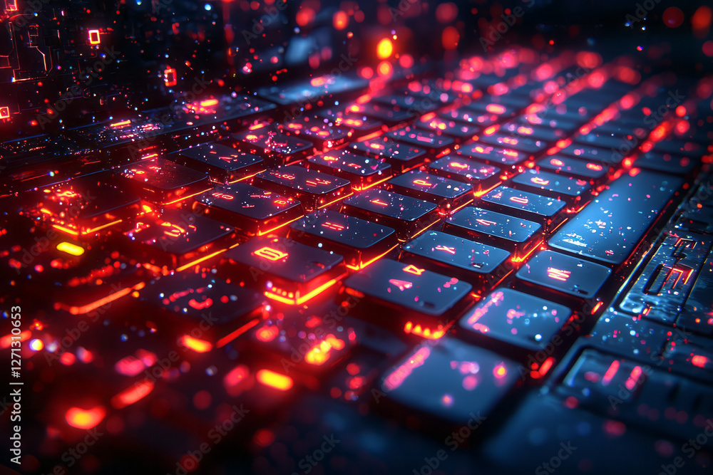 Poster a futuristic close-up showing a small cart handle glinting against a grid of illuminated keys, with