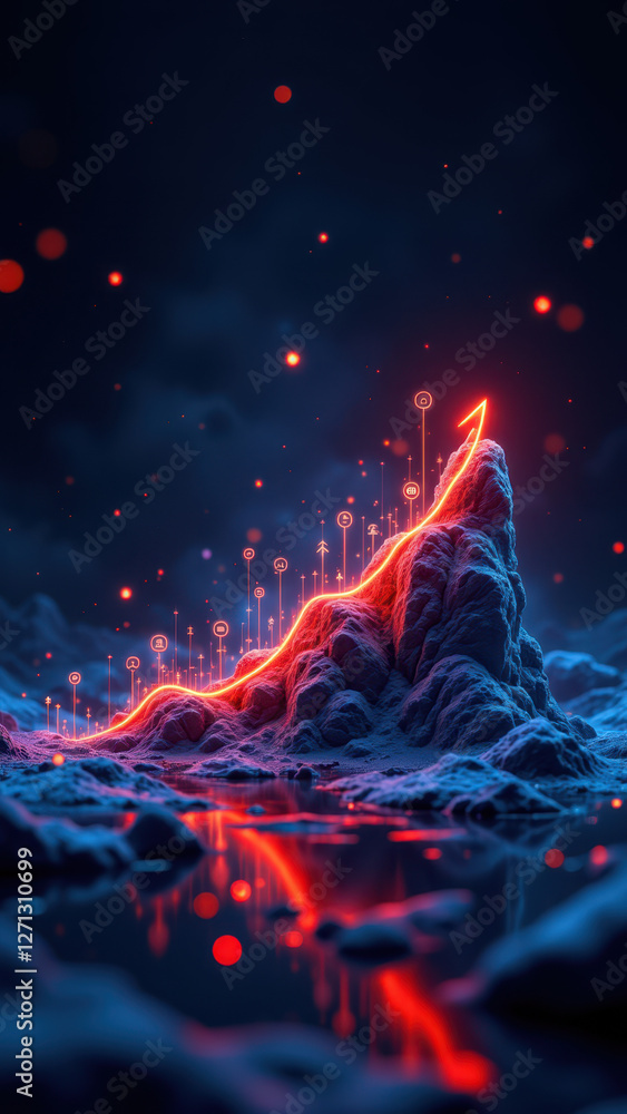 Poster An artistic rendering of a rock formation with fiery glowing elements representing financial growth and prosperity set against a cosmic backdrop.