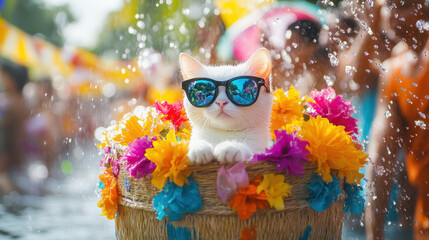White cat with water splash in Songkarn