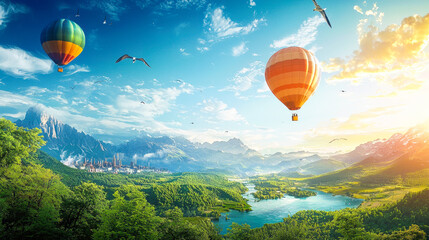 Fototapeta premium Colorful hot air balloons over scenic valley with mountains, river, and birds under clear blue sky