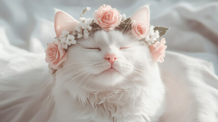 white cat portrait with flower