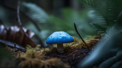 Blue mushroom in mossy forest, nature background, fantasy.