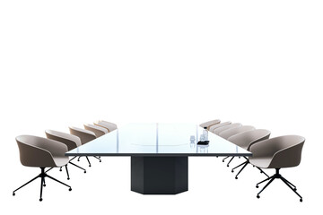 Large glass conference table with stylish chairs, isolated on a white background. Modern office...