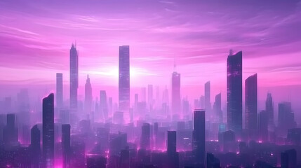Fototapeta premium Vibrant Cityscape Under a Magenta Sky Modern Architecture and Urban Skyline Artistic Rendition
