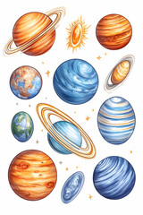 Colorful planets and sun illustration, educational chart