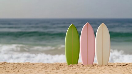 Elegant Surfboards propped up in the sand with waves rolling in behind them surf school or adventure beach holiday concept laid back vibes 