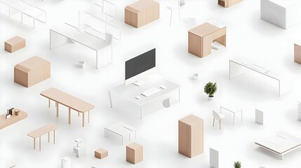 Fototapeta premium Modern Minimalist Office Furniture Arrangement in White and Beige