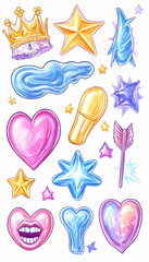 Colorful whimsical hearts, stars, and crown; fantasy art