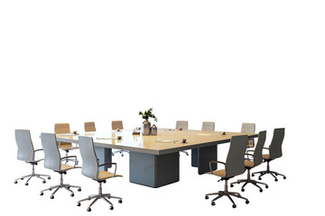 Large modern conference table with office chairs and supplies, isolated on white background....