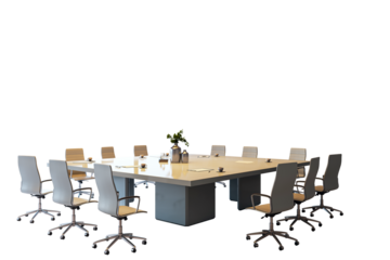 Large modern conference table with office chairs and supplies, isolated on white background. Business meeting concept. 3D Rendering.