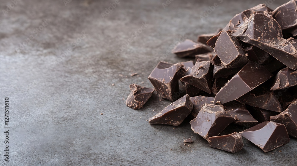 Poster rich dark chocolate pieces stacked on a metallic surface creating a delicious dessert background : g