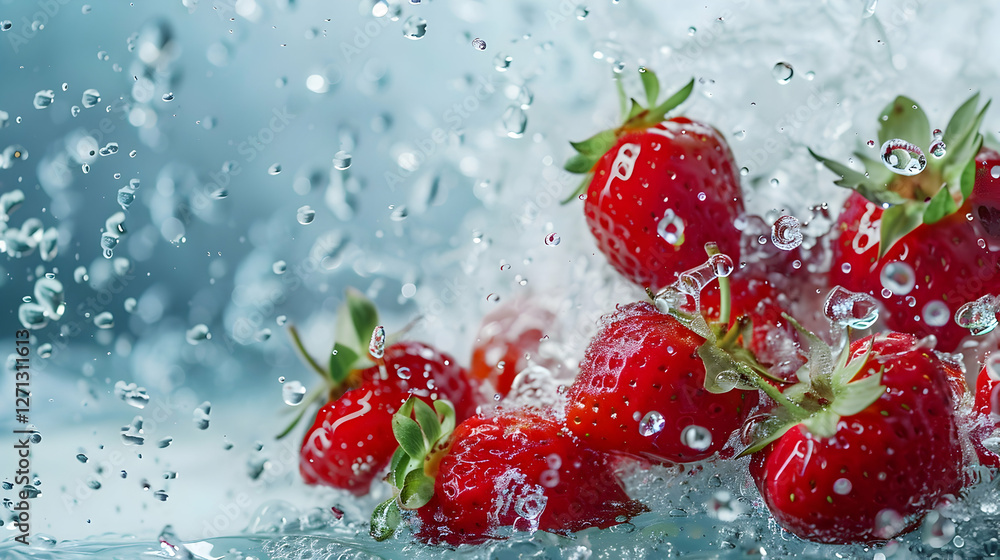 Aufkleber fresh strawberries splashing in water, creating dynamic droplets against a blurred background