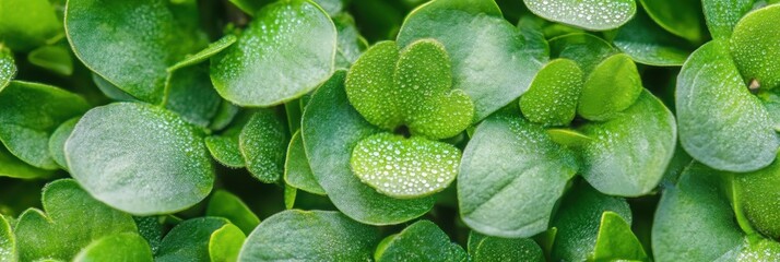 Fototapeta premium Close-up view of fresh green leaves with water droplets in natural setting